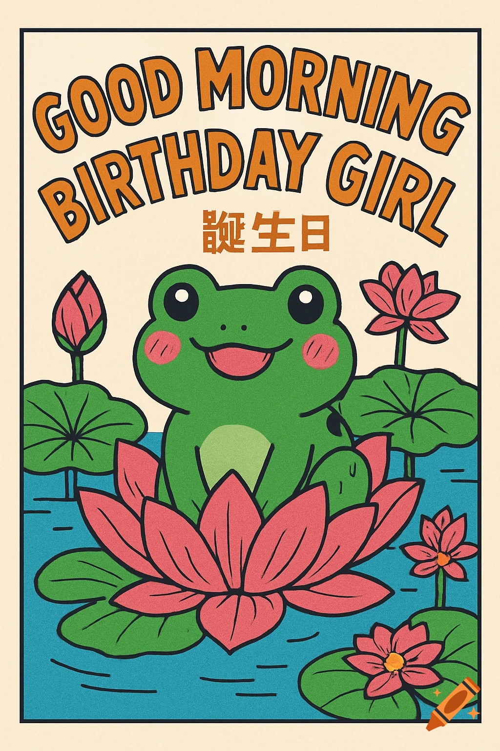 A colorful 2D graphic poster: a smiling green frog in a pink lotus flower, with 'GOOD MORNING BIRTHDAY GIRL' and Japanese text.