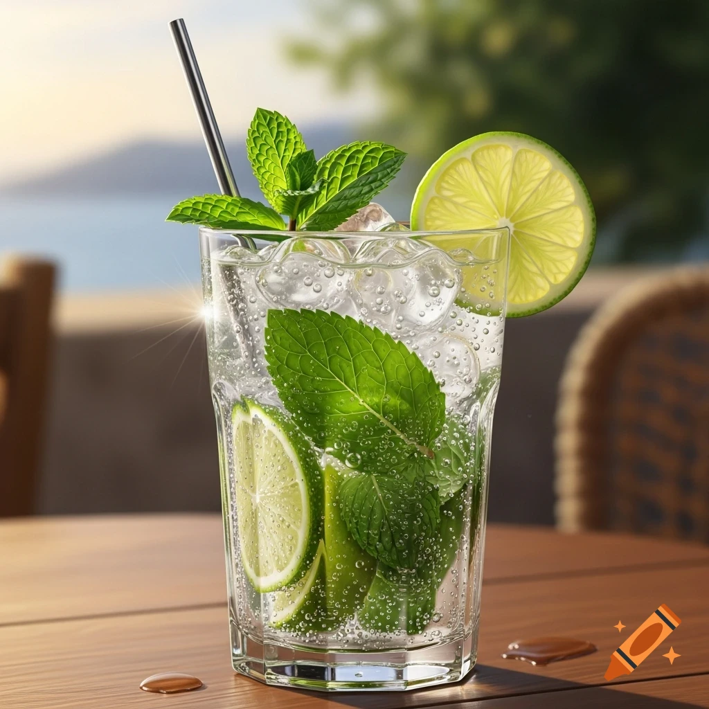 Close-up of a refreshing mojito with mint, lime slices, ice, and a metal straw, on a wooden table outdoors.