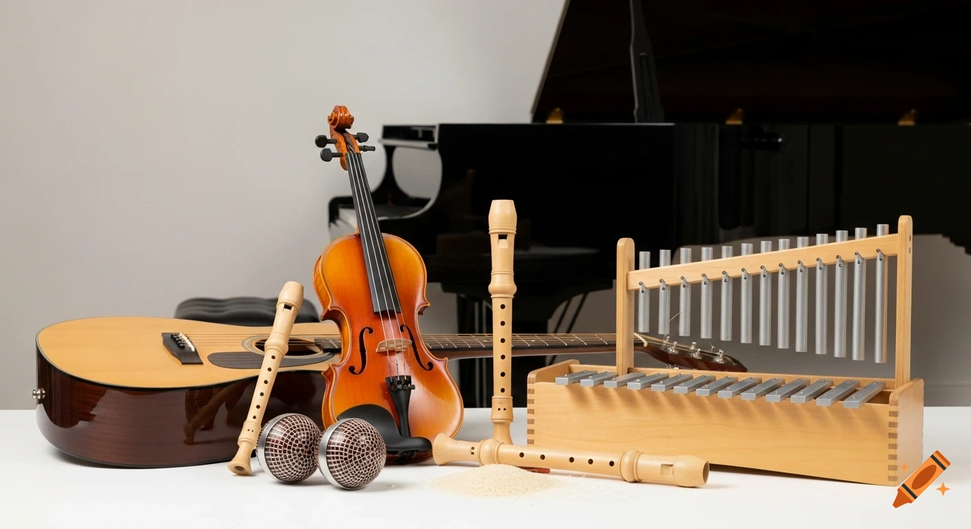 Photorealistic still life featuring an acoustic guitar, violin, recorders, chimes, and shakers with a grand piano in the background.