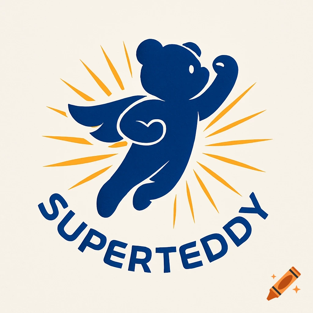 A blue teddy bear with small wings and a cape flies upwards, surrounded by yellow sun rays. The text "SUPERTEDDY" curves below the bear.