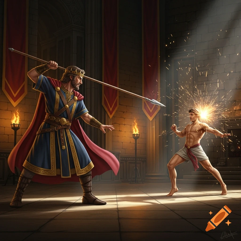 A bearded king in a blue robe and crown throws a spear at a barefoot, muscular man, whose head sparks, in a grand stone hall.