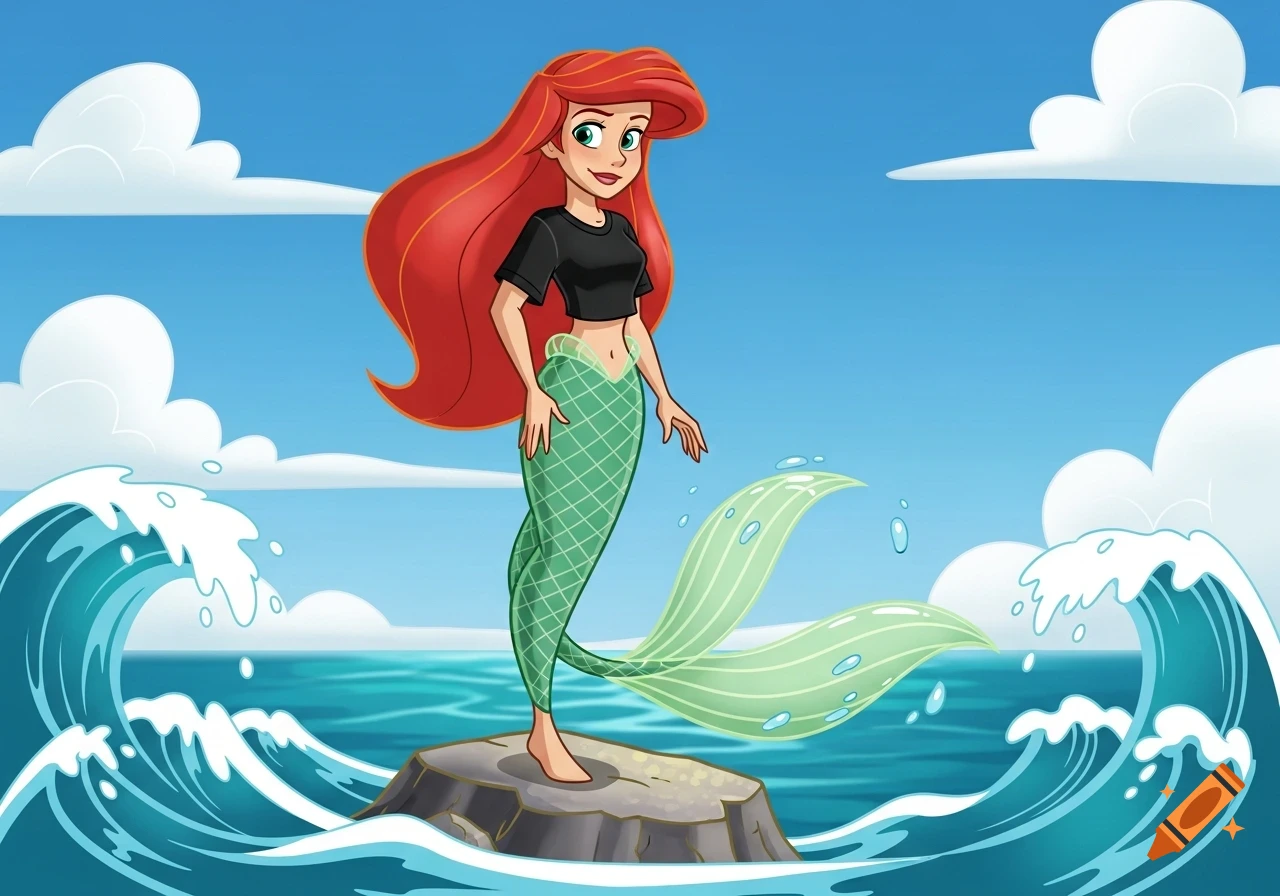 A cartoon mermaid with long red hair, wearing a black crop top and green scaly tail, stands on a rock in the ocean with waves and clouds.