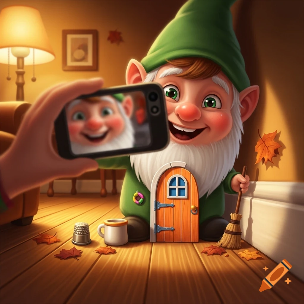 A cheerful cartoon gnome takes a blurry selfie with a smartphone, sitting next to a tiny door and a broom, surrounded by autumn leaves.