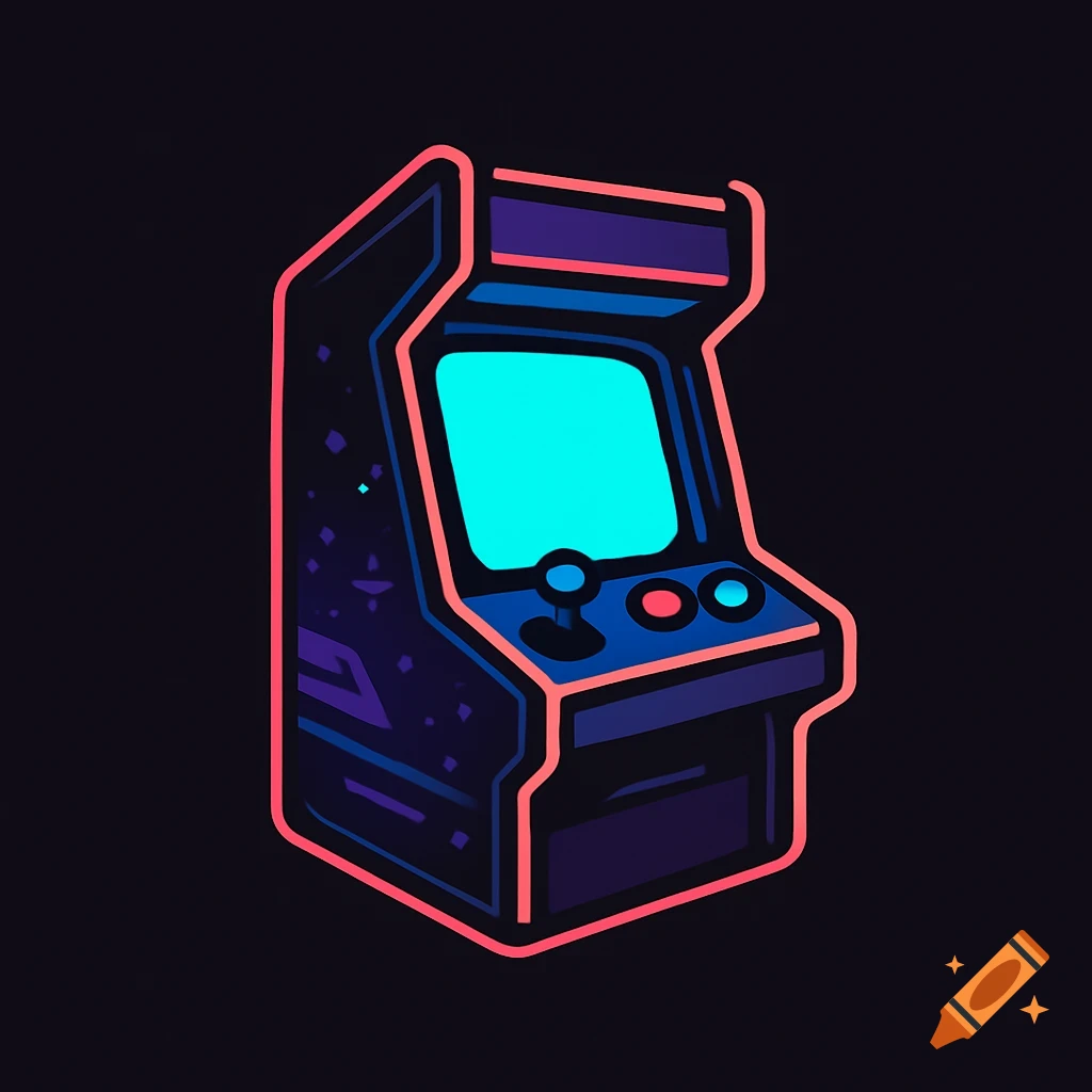 Stylized retro arcade machine with glowing neon outlines against a dark background.