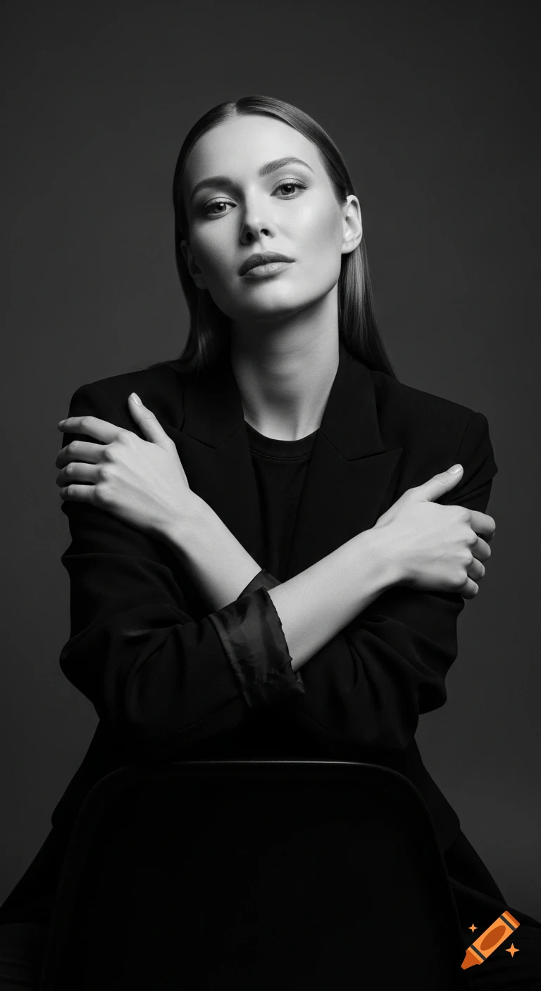 Black and white studio portrait of a woman in a black blazer with crossed arms, looking serenely at the camera.
