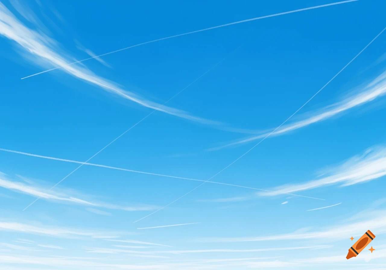 A bright blue sky filled with wispy white clouds and several thin, crisscrossing contrails.