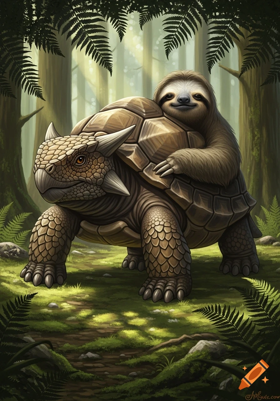 Sloth Riding A Turtle Background A happy sloth rides on the back of a horned, armored turtle-like ...