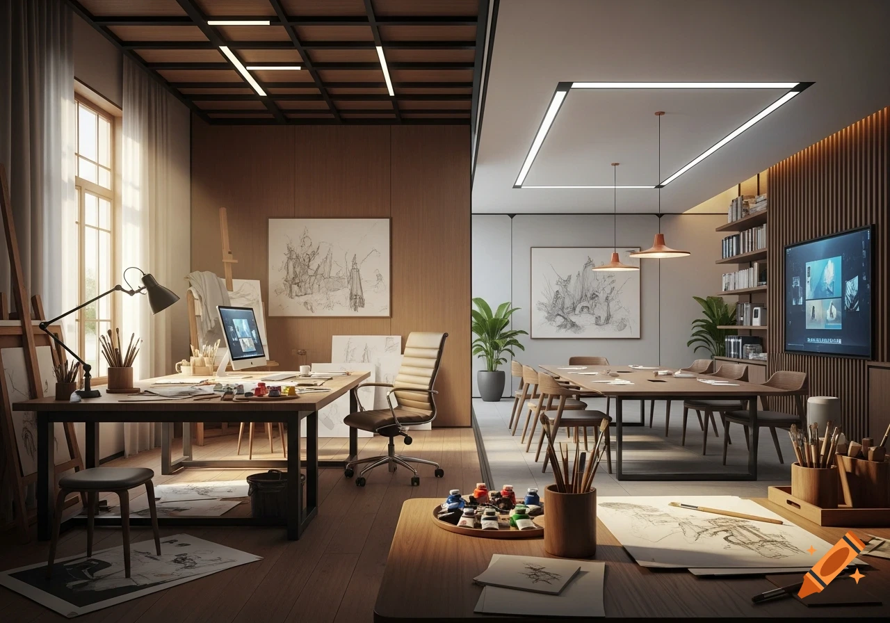 A split image showing a modern art studio with a desk, computer, and easel on the left, and a communication area with a large meeting table and TV on the right.