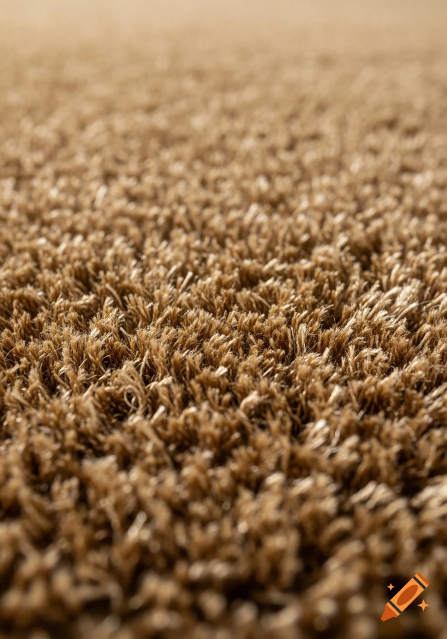Photorealistic close-up of a brown shaggy high-pile carpet, with a shallow depth of field.