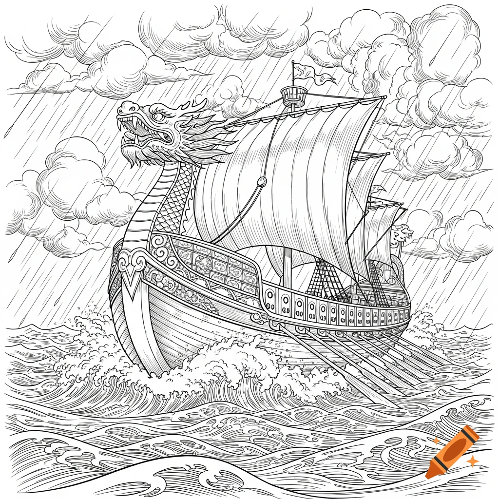 Black and white line drawing of a dragon-prowed ship with oars on a stormy, wavy sea under rainy clouds.