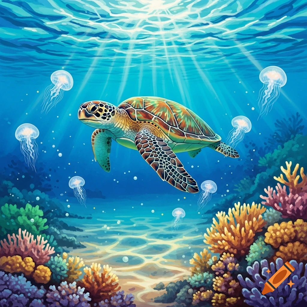 Vibrant illustration of a sea turtle swimming in sunlit ocean water surrounded by jellyfish and colorful coral.