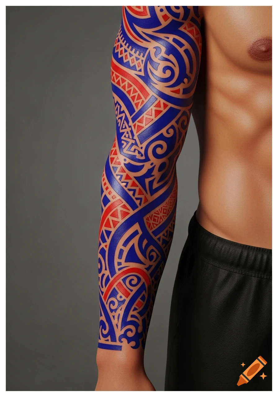 A man's arm covered in a detailed blue and red tribal full-sleeve tattoo, against a grey background.