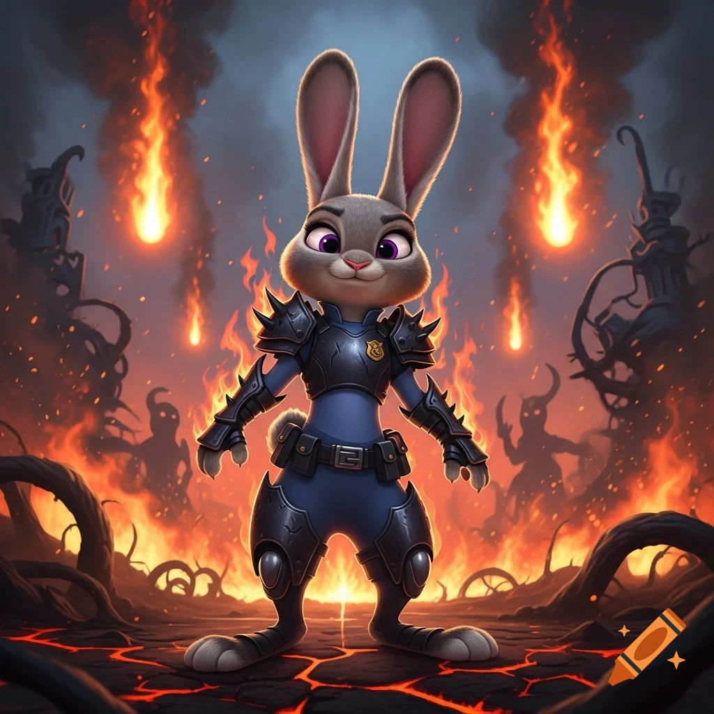 Judy Hopps in black spiked armor stands on cracking, fiery ground in a burning, apocalyptic landscape with meteors and shadowy figures.