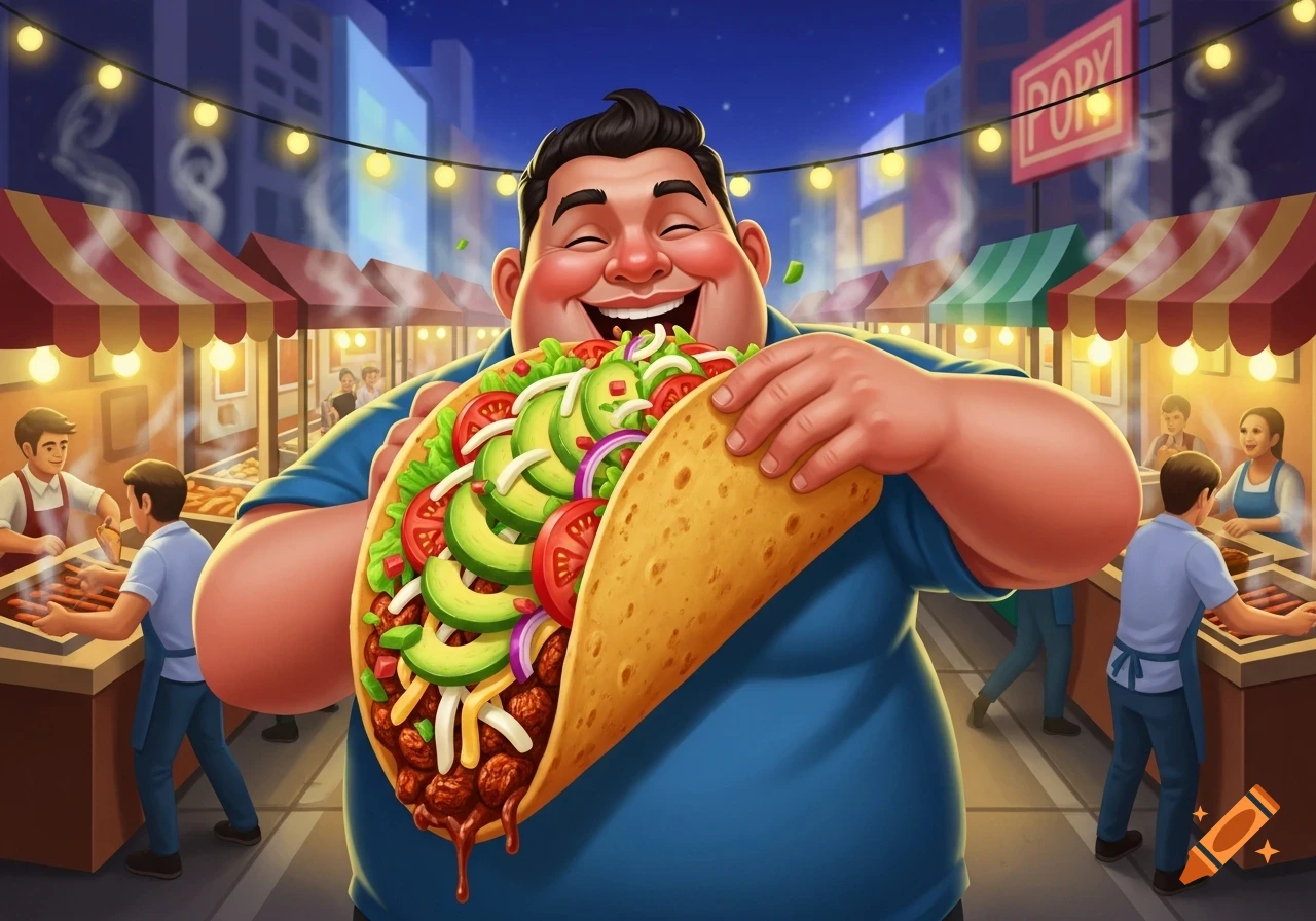 A happy, chubby man in a blue shirt eats a huge, overflowing taco at a vibrant street food market in a cartoon style.
