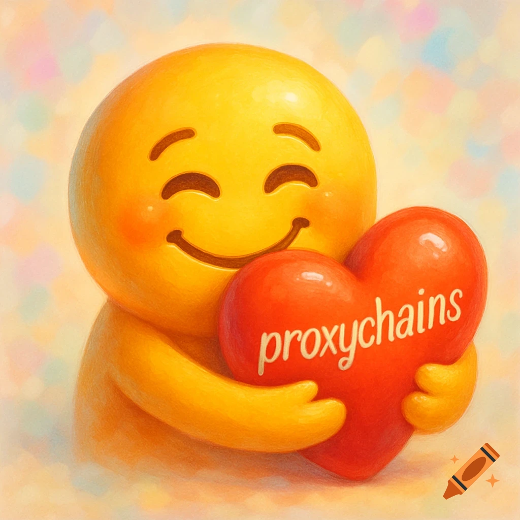 A cheerful yellow emoji with closed eyes and a wide smile hugs a red heart that says 'proxychains'.