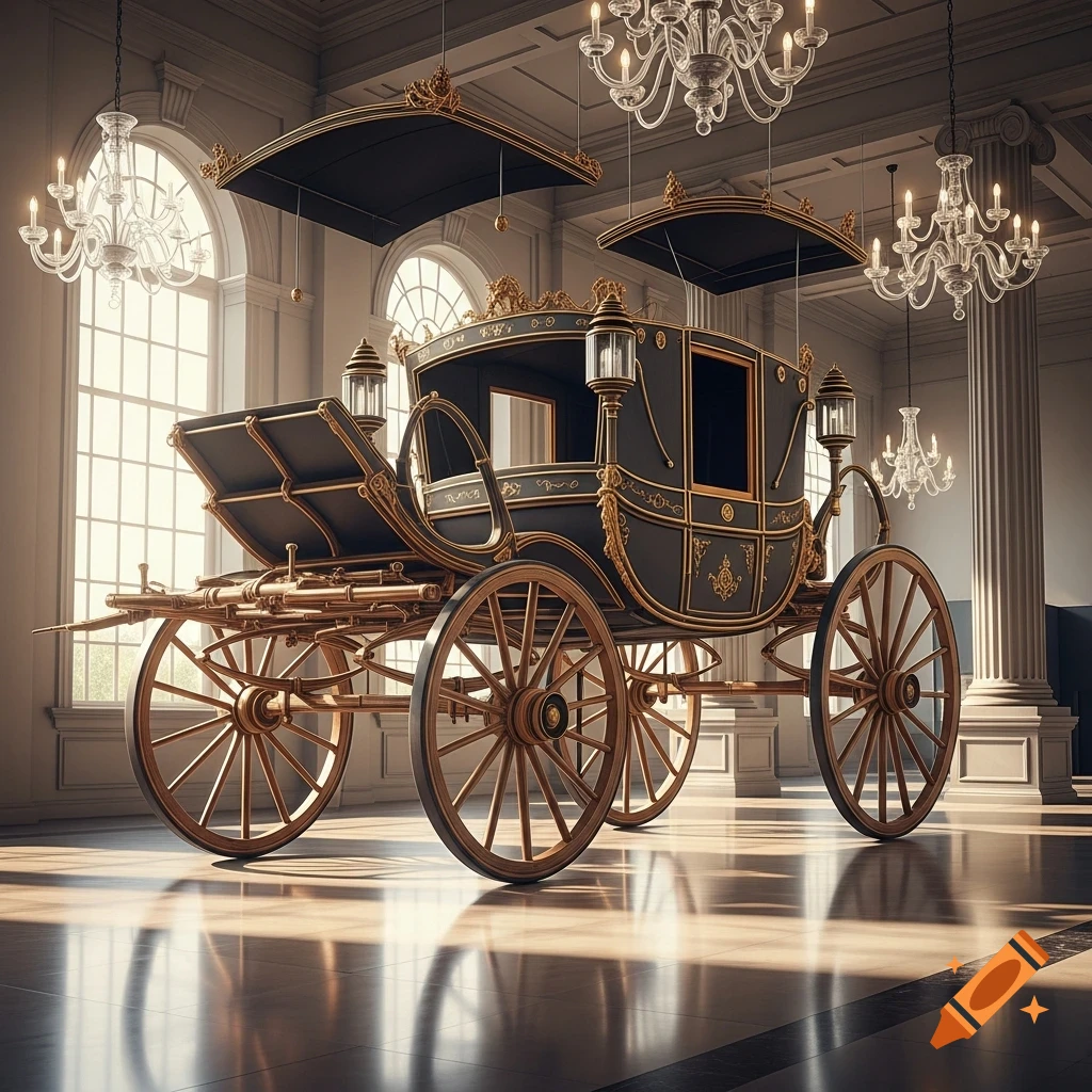 An ornate black and gold horse-drawn carriage sits on a polished floor in a grand, well-lit museum hall with chandeliers and tall windows.