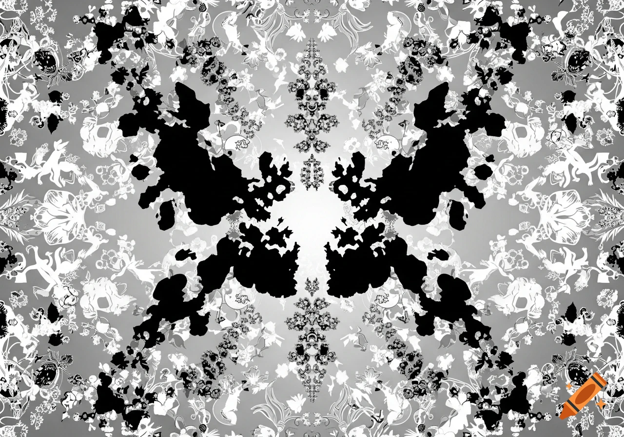 Symmetrical black and white abstract pattern resembling Rorschach inkblots and intricate paper cut designs on a grey gradient background.