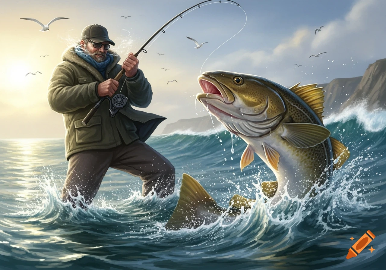 A man in a coat and cap reels in a large fish jumping from the choppy ocean under a sunny sky with seagulls and cliffs.