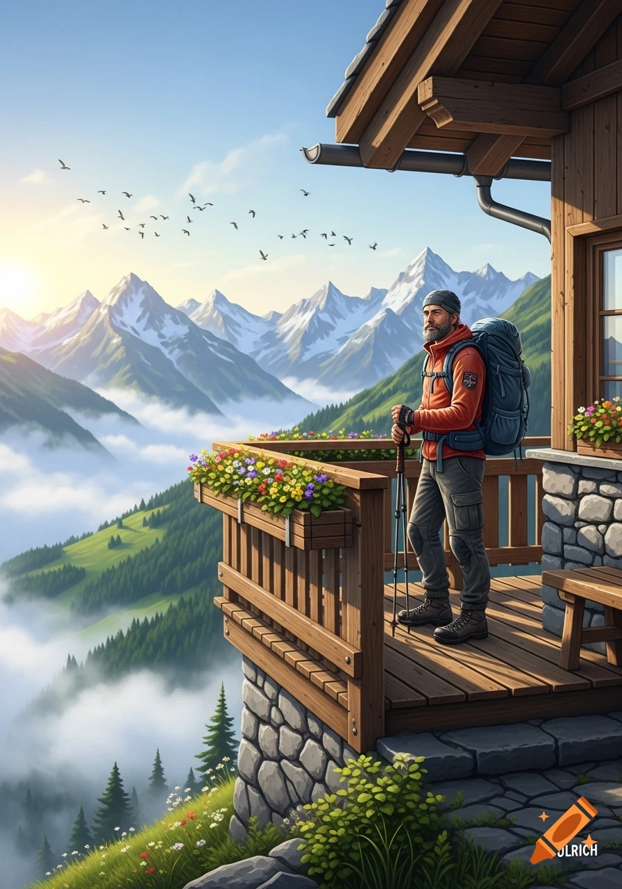 A male hiker stands on a mountain hut balcony, gazing at misty valleys and snow-capped peaks in an illustration.
