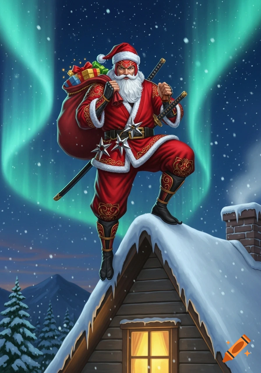 Ninja Santa Claus with katanas and gift sack stands on a snow-covered roof under green aurora borealis at night, in an illustrative style.