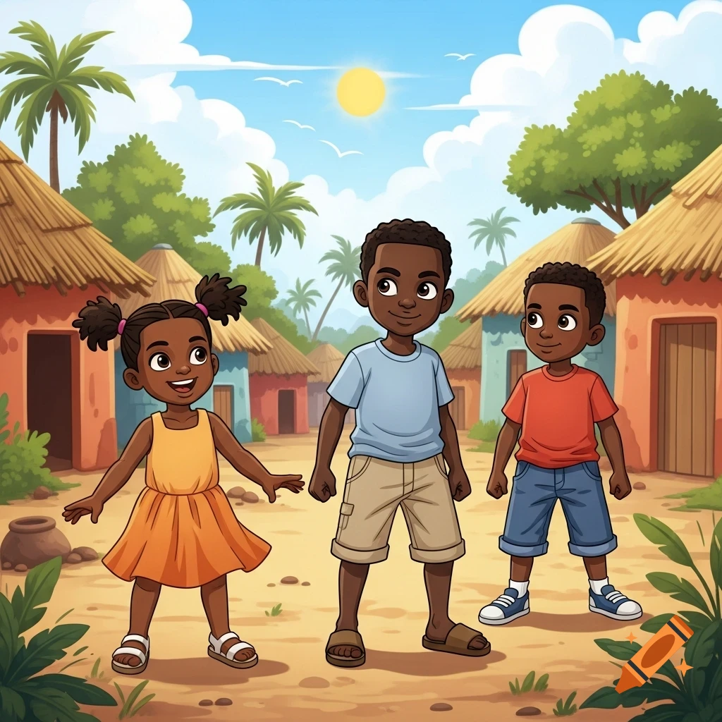 A cartoon of three smiling Black children, two boys and one girl, standing in a sunny village with thatched huts and palm trees.
