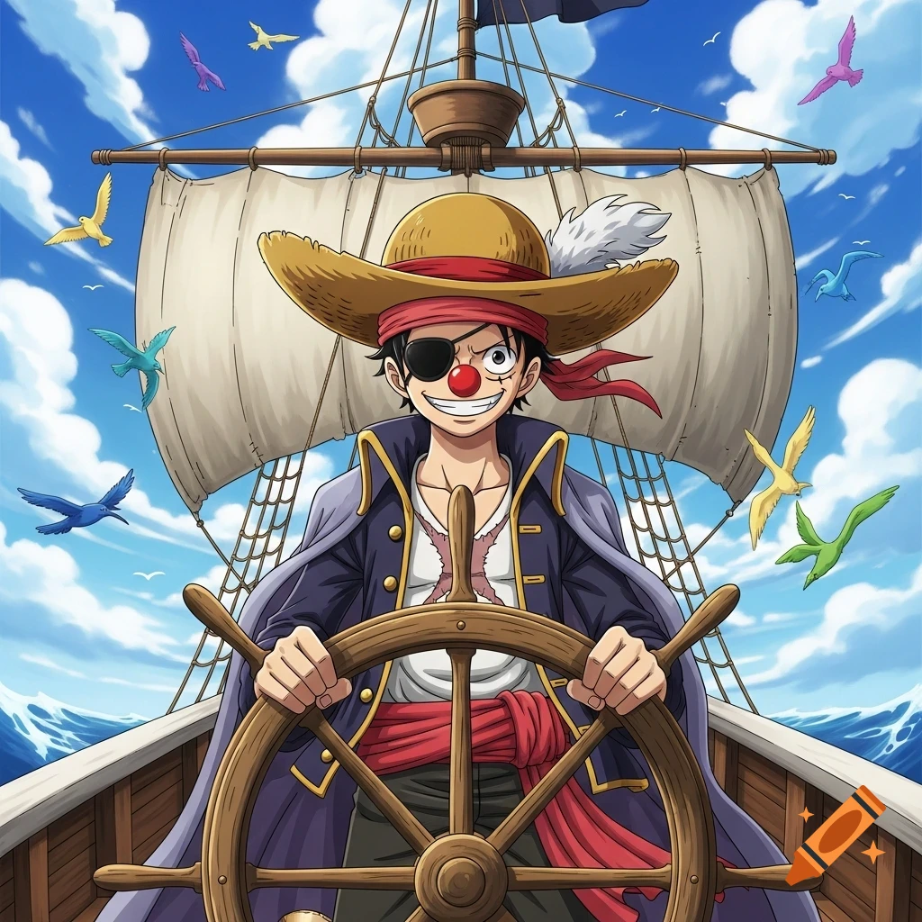 Anime pirate character with a straw hat, eyepatch, and red clown nose, smiling and steering a ship under a blue sky with birds.