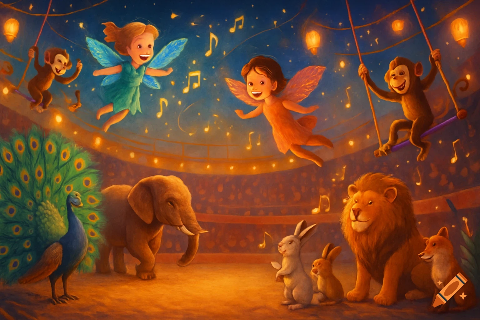 A whimsical circus scene with flying fairies, trapeze monkeys, a peacock, elephant, lion, rabbits, and a fox, with musical notes.