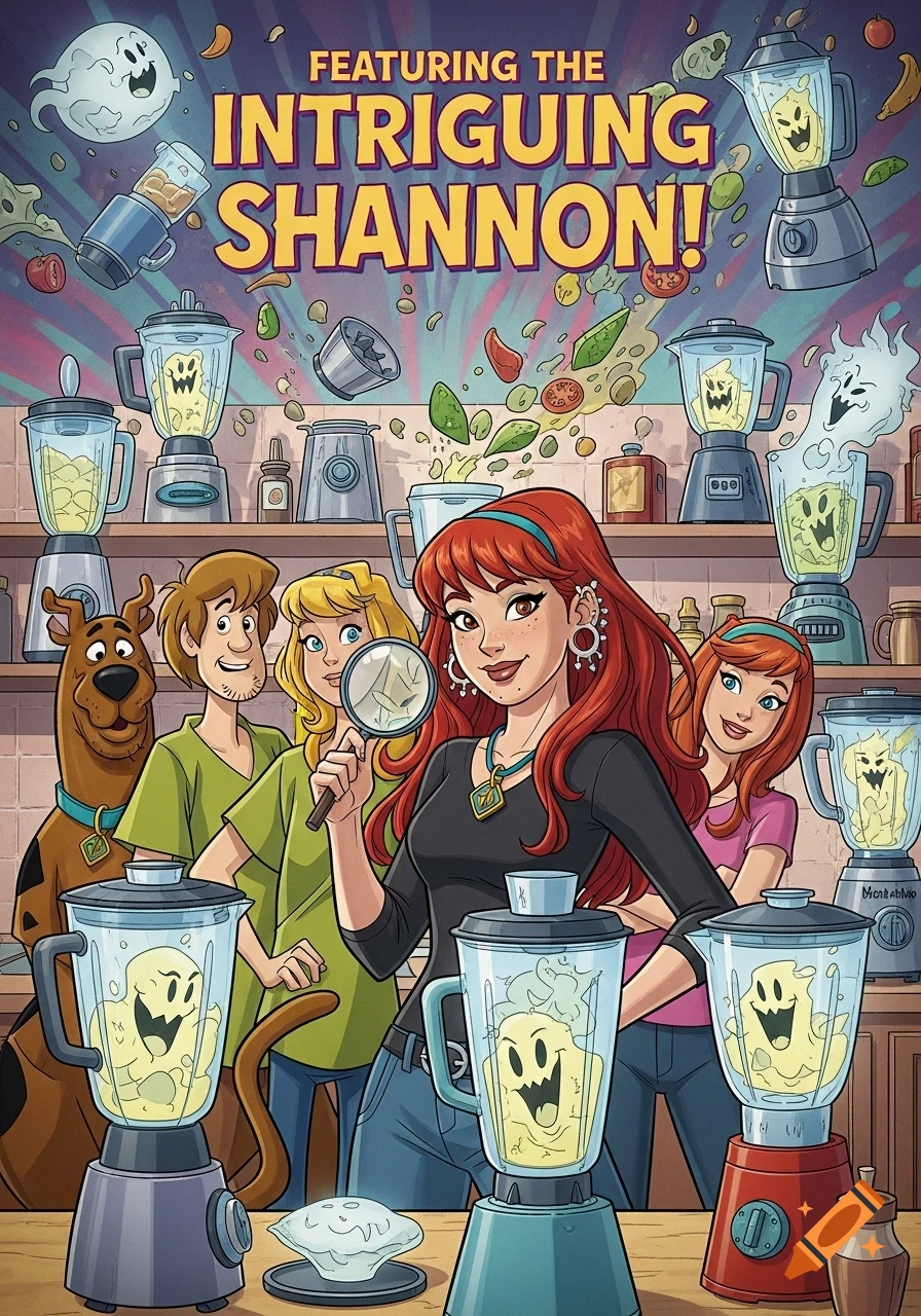 Scooby-Doo characters and new red-haired Shannon in a cartoon kitchen with ghost-filled blenders. Cover text: 'FEATURING THE INTRIGUING SHANNON!'.