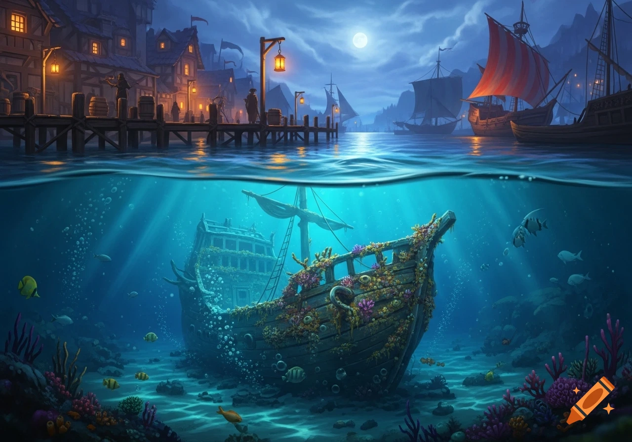 A split image showing a fantasy harbor at night with buildings and ships above water, and a barnacle-covered shipwreck with fish underwater.