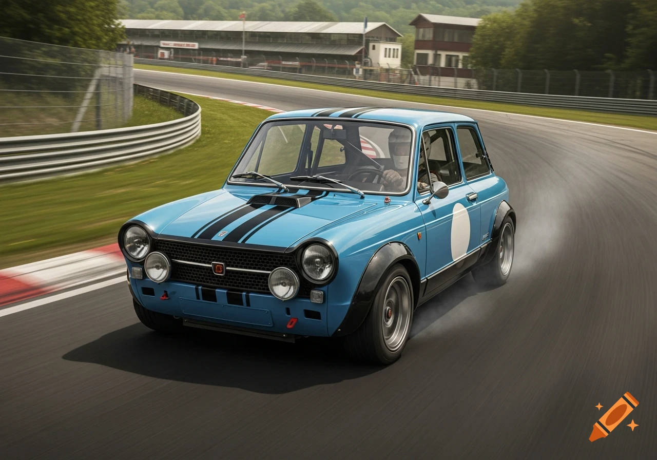 A light blue vintage racing car with black stripes speeding around a racetrack, with buildings in the background.