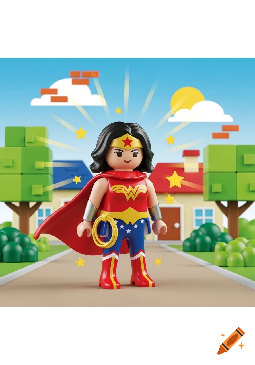 A Playmobil-style Wonder Woman figure stands on a path in a colorful, blocky suburban neighborhood under a blue sky with sun and clouds.