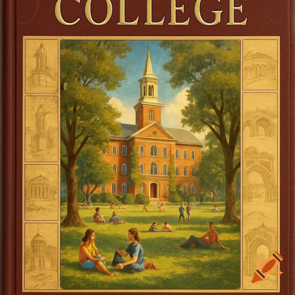 A painting of a college campus with a brick building, trees, and students on the lawn, framed like a book cover with 'COLLEGE' at the top.