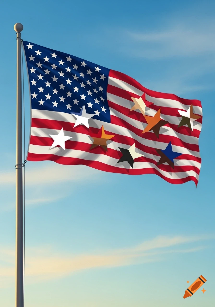An American flag with stars in various skin tones (white, brown, black, blue, yellow) flying against a blue sky.