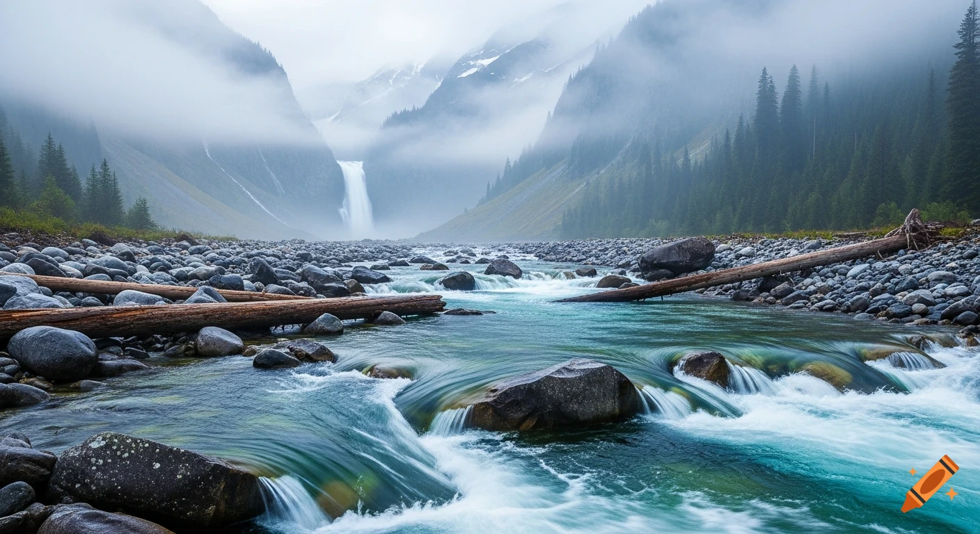 A photorealistic river flows over rocks and logs, leading to a distant waterfall in a misty mountain valley with pine trees.