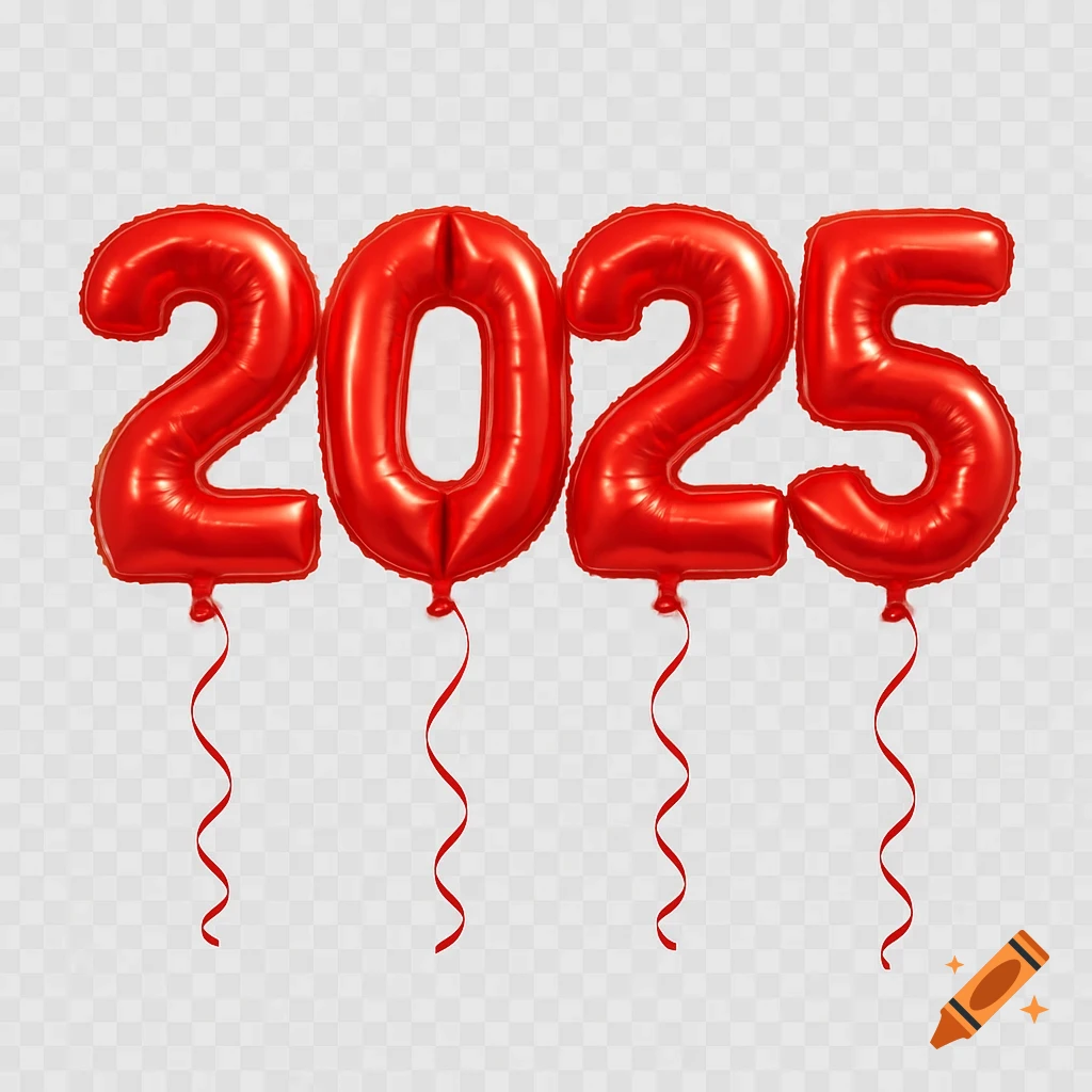 Shiny red foil balloons forming the number 2025 with curled strings, against a transparent background.