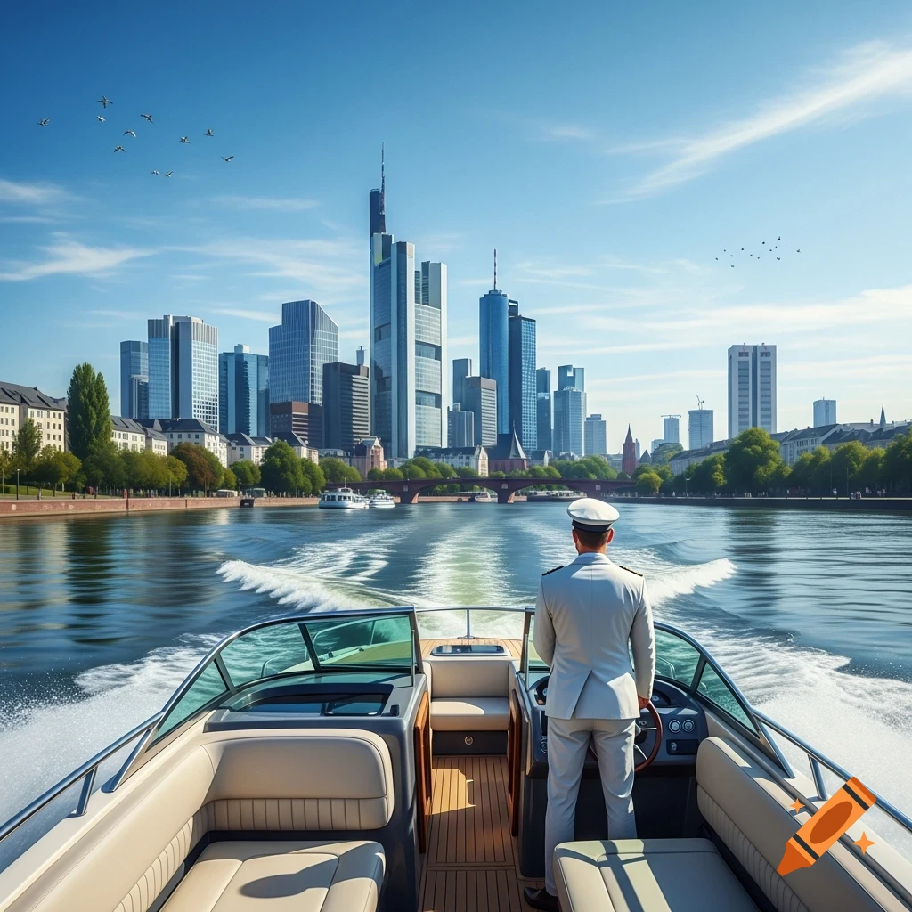 A captain in a white uniform steers a speedboat on a river towards a modern city skyline under a clear blue sky.