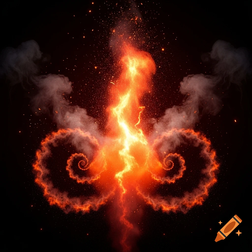 Vibrant orange and yellow fire rises, surrounded by swirling red smoke and sparkling embers against a dark background.