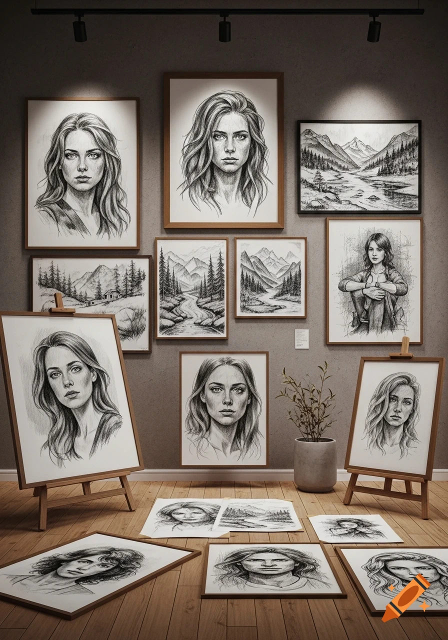 An art gallery with numerous black and white pencil drawings: portraits of women and mountain landscapes, displayed on walls, easels, and the floor.