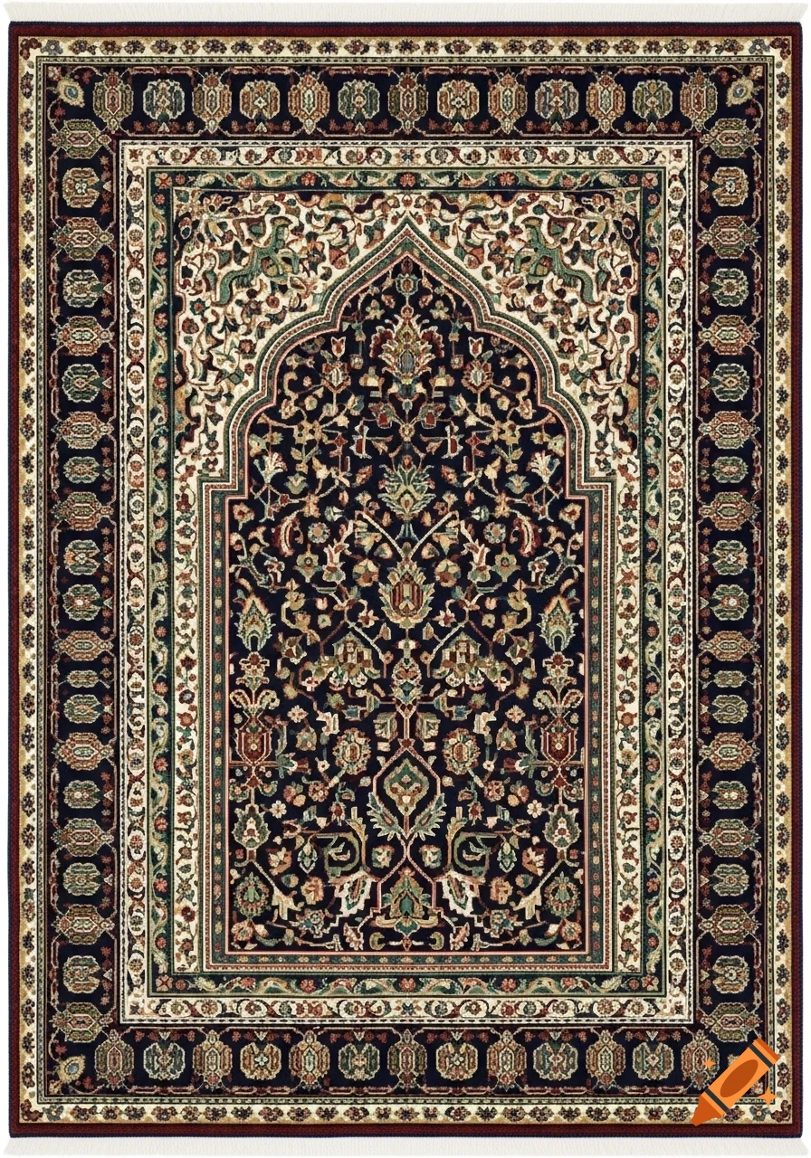 A dark blue rug with intricate green, burgundy, mustard, and white floral and geometric patterns, framed by decorative borders.