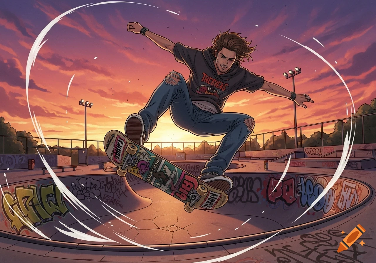 An illustration of a male skateboarder performing a trick in a skatepark at sunset, with motion lines around him.