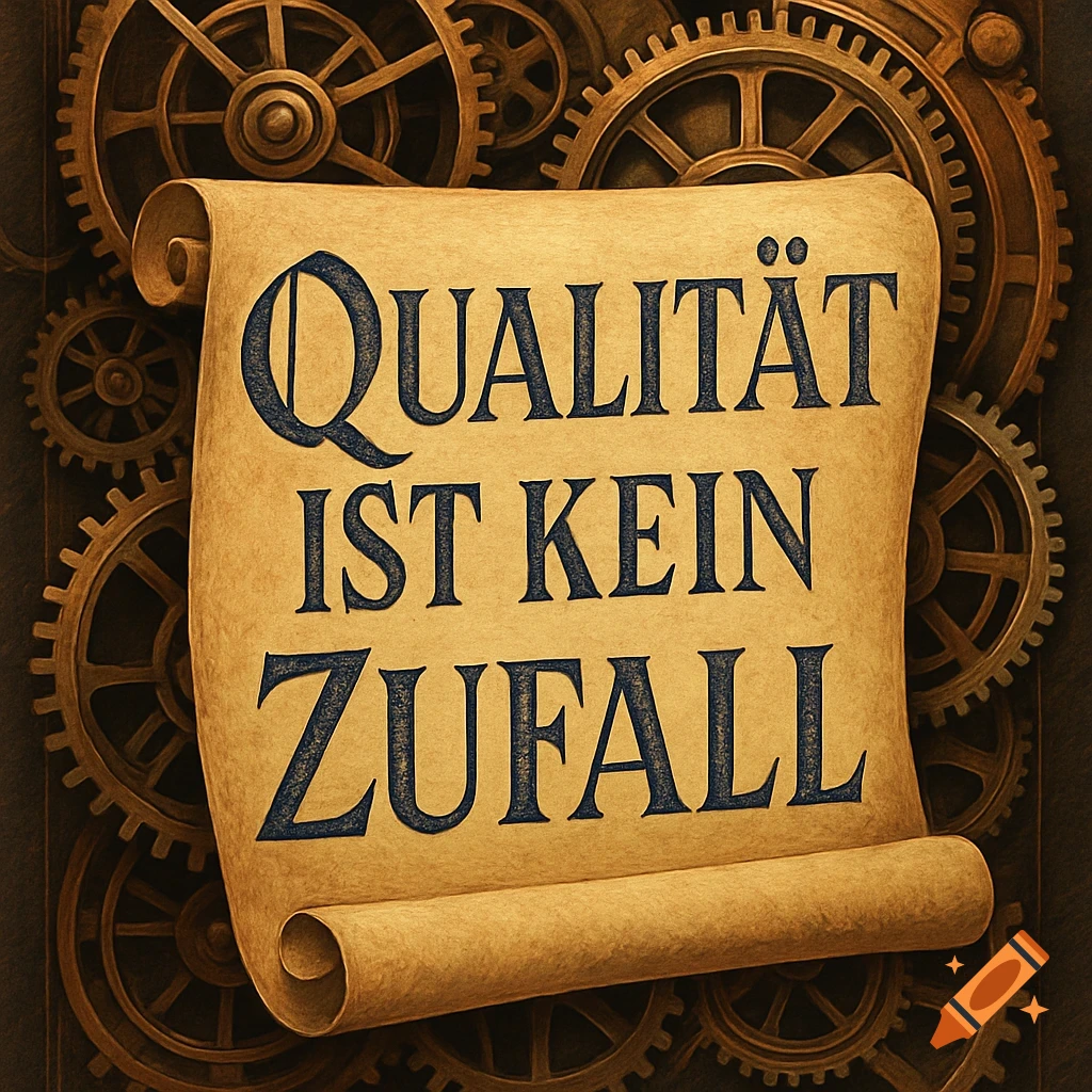 A textured old scroll with 'QUALITÄT IST KEIN ZUFALL' in dark blue text, set against a background of intricate bronze gears.