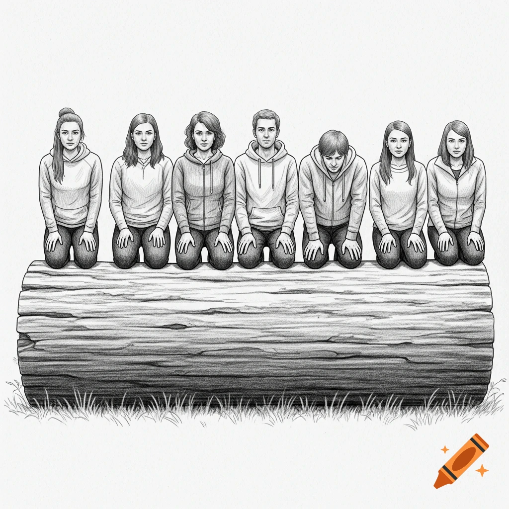 Pencil sketch of six people, four women and two men, kneeling in a row on a large log, facing forward.