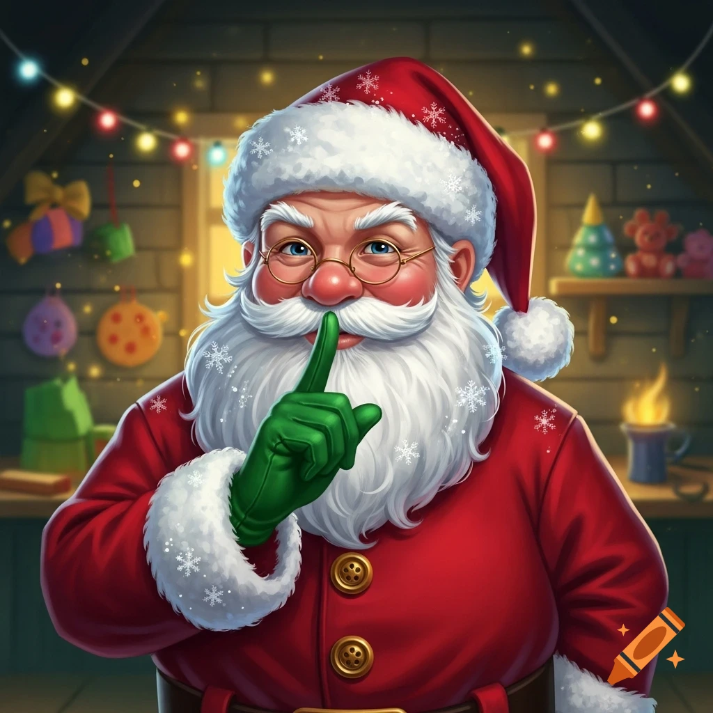 Cartoon Santa Claus shushing, with a gloved finger to his lips, in a festive workshop with lights and decorations.