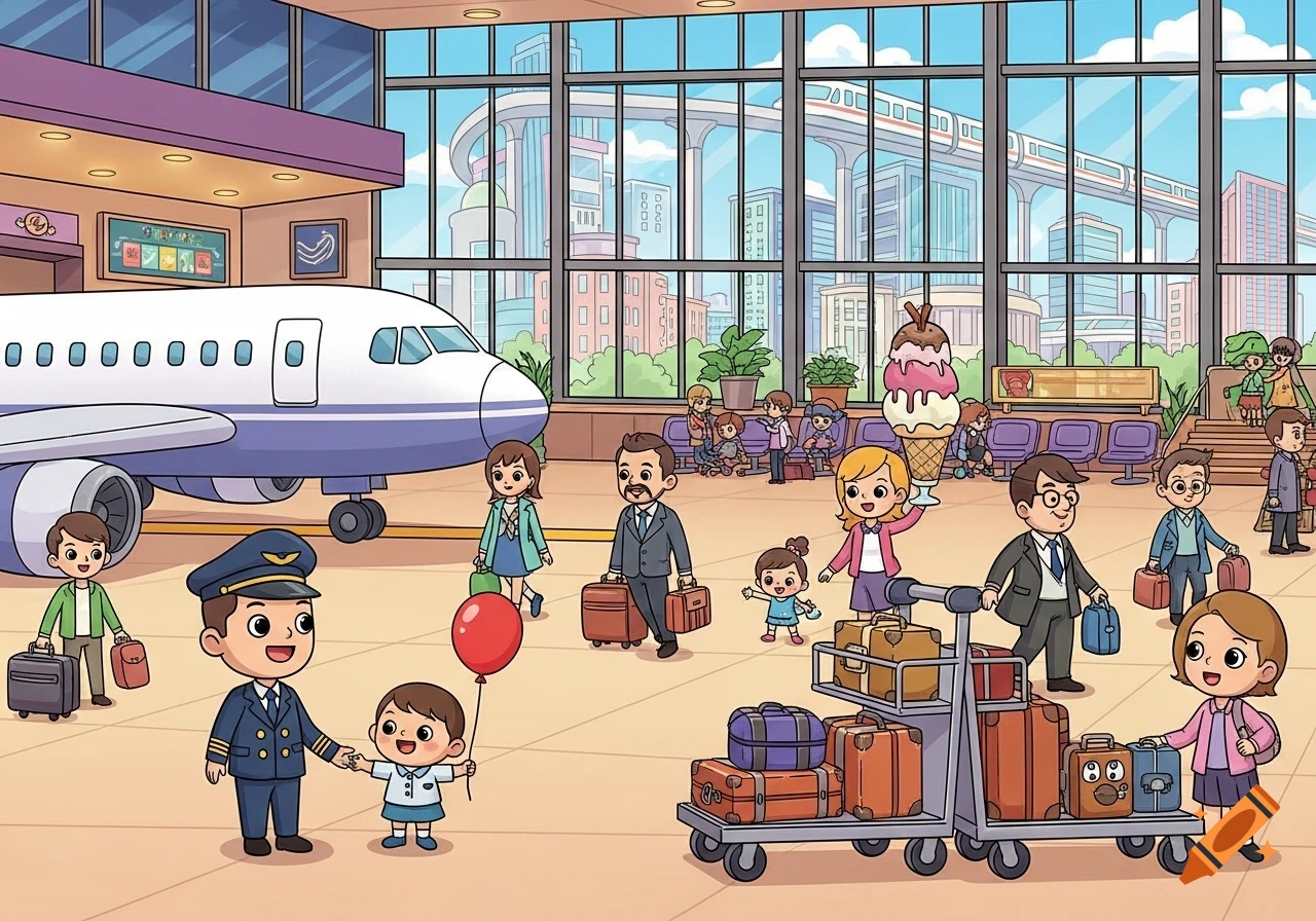 Cartoon airport scene with travelers, a pilot, an airplane, children, and luggage.