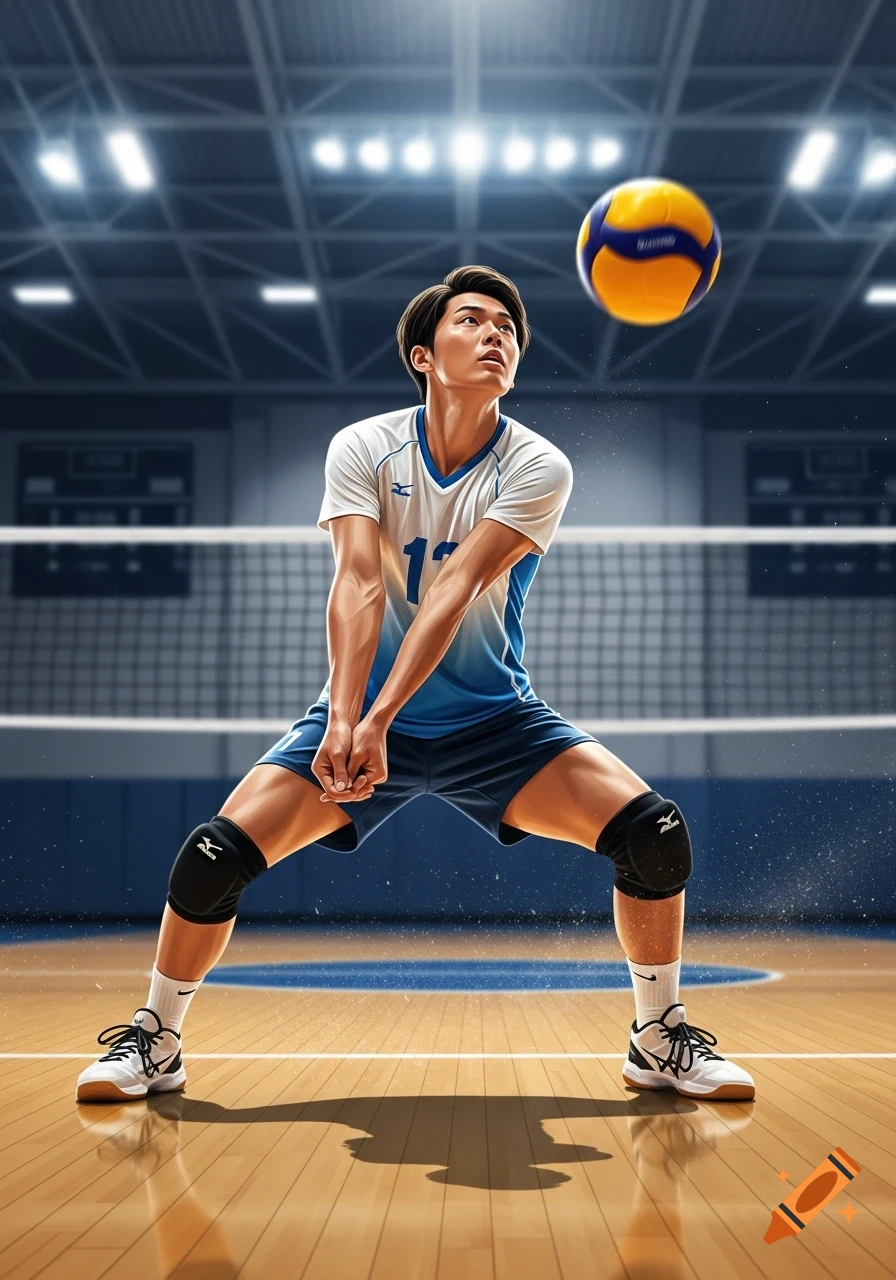 A male volleyball player in a blue and white uniform is in a defensive crouch on a wooden court, looking up at a volleyball in the air.