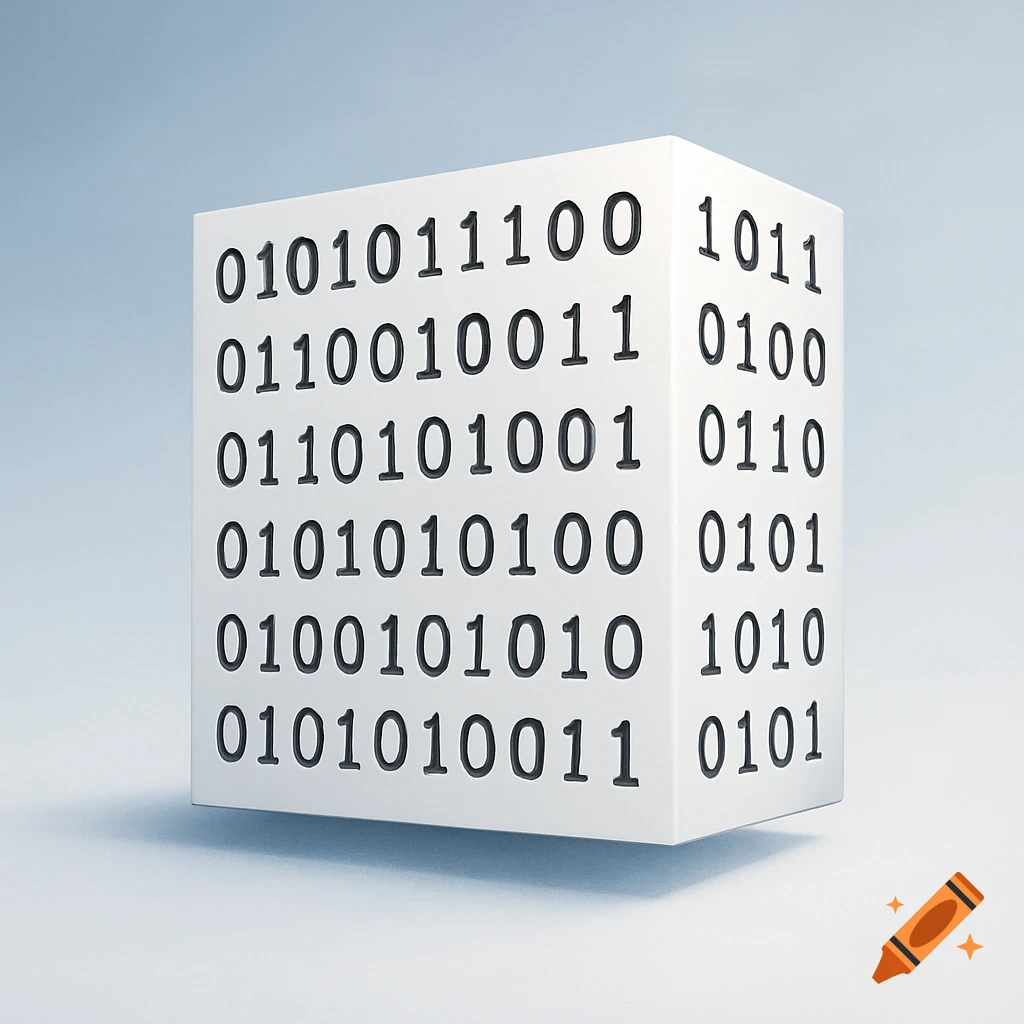 A white cube covered in binary code (ones and zeros) on a light background.