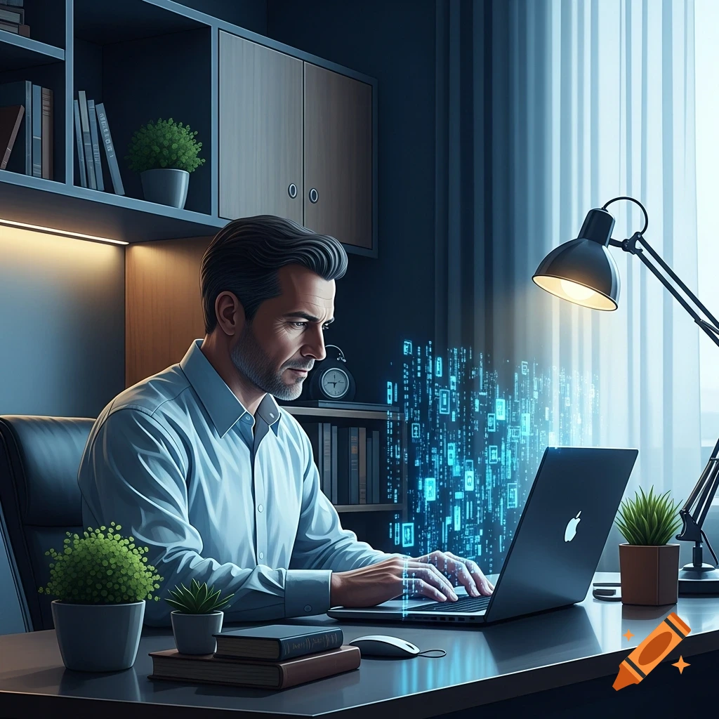 A man intensely works on a laptop at a desk in a modern office, with glowing blue digital data emanating from the screen.