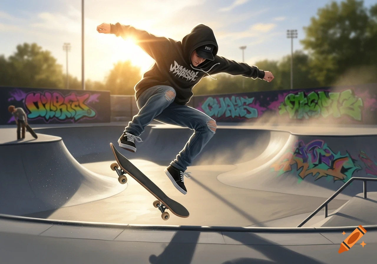 A stylized image of a skateboarder mid-air, performing a trick at a sunny outdoor skatepark with graffiti-covered walls.