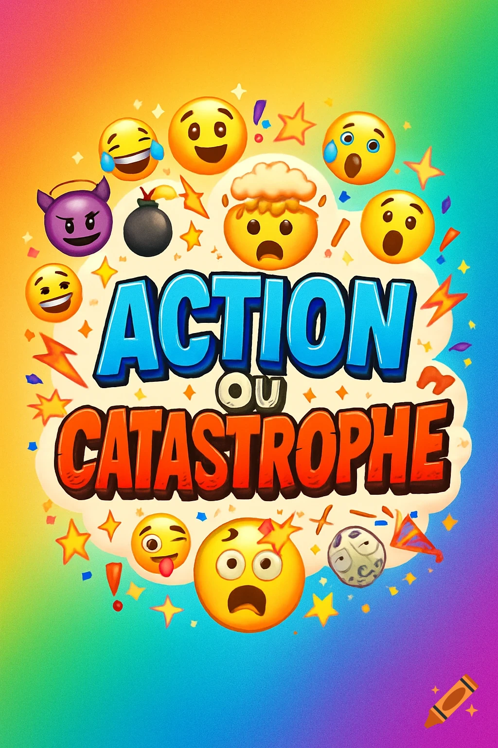 Vibrant rainbow graphic with the blue and orange title "ACTION OU CATASTROPHE" surrounded by numerous diverse emojis, stars, and confetti.