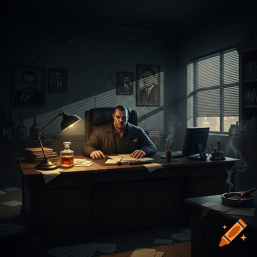 A formidable man sits at a dark, dilapidated desk in a noir-style mafia office, lit by a desk lamp and sunlight through blinds.